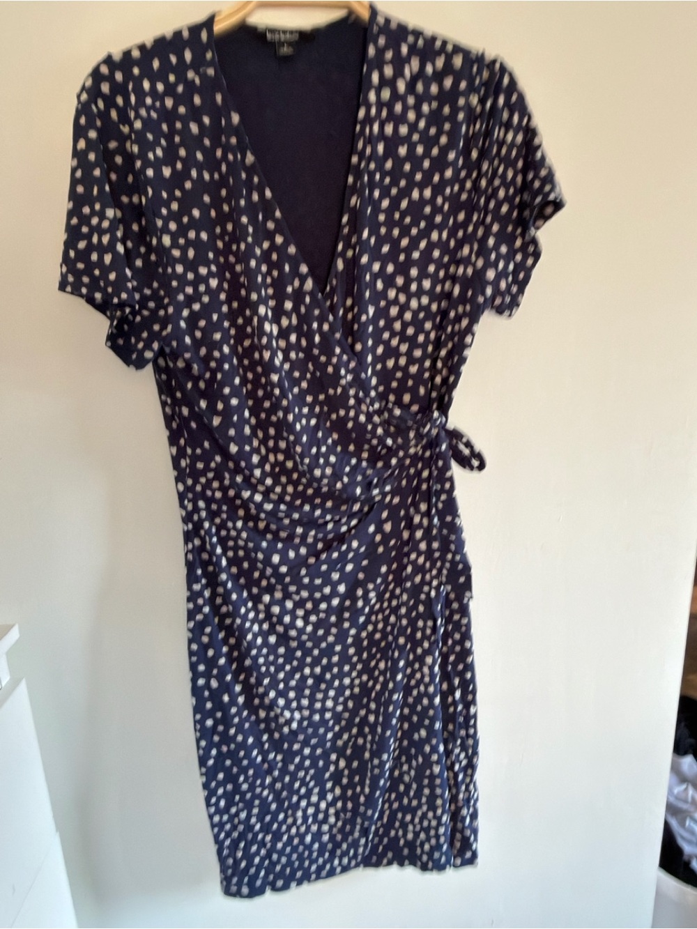 Banana Republic Navy Wrap Midi Dress with Cream Dot Print